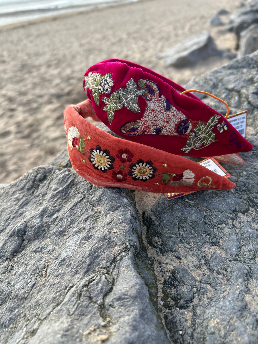 Velvet Embroidered Narrow Headband - Art Deco Floral  display picture 3