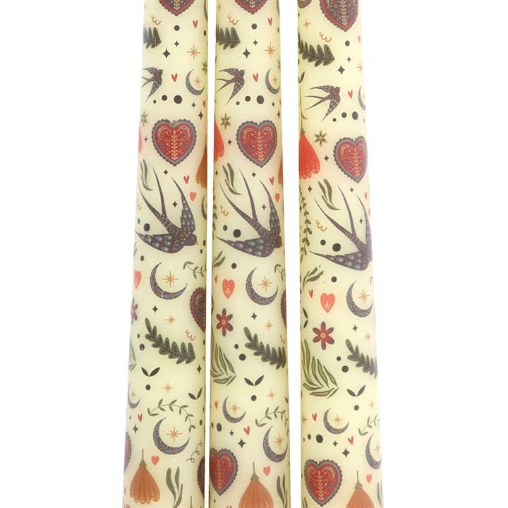 Set of 3 Cream Folk Floral Print Taper Candles