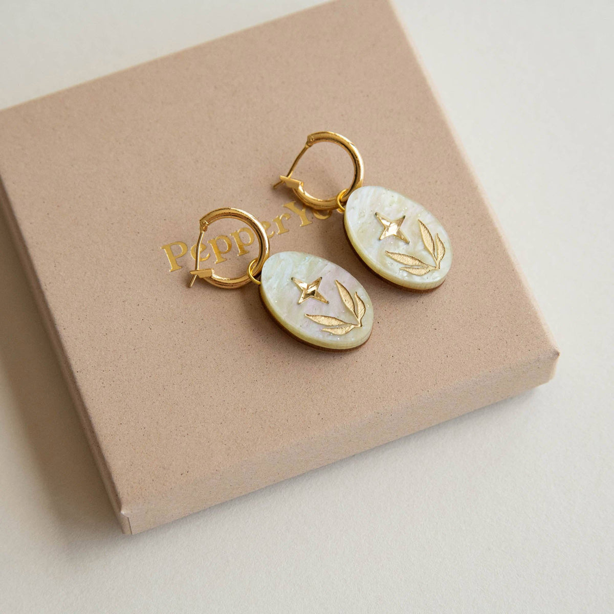 Celestial Seaweed Oval Hoop Earrings : Pearly-lemon-acrylic-with-gold by Pepper You
