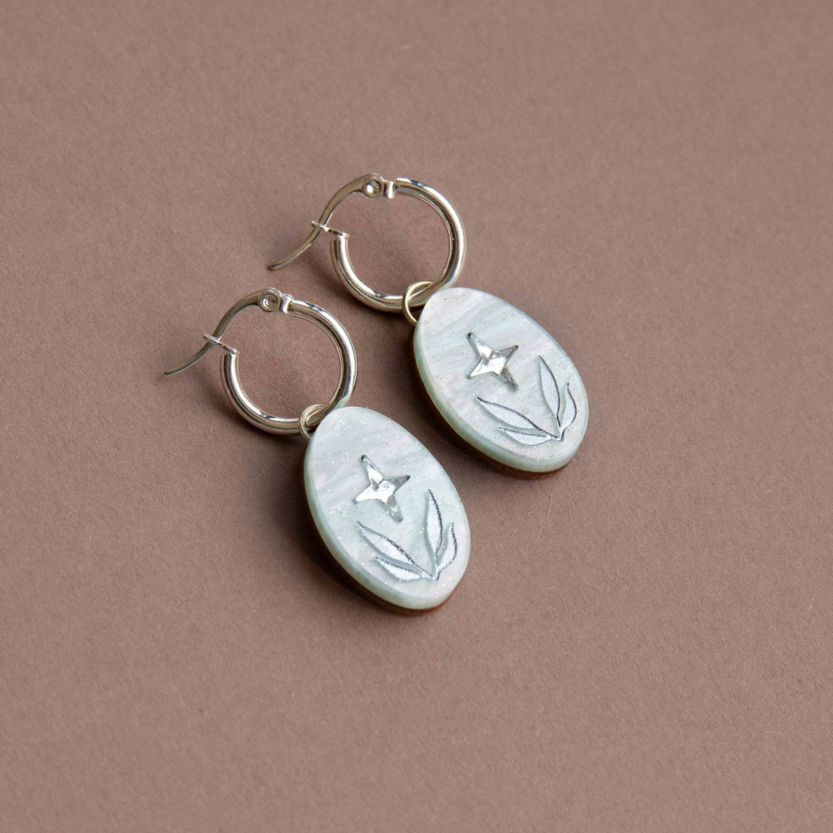 Celestial Seaweed Oval Hoop Earrings : Pearly-lemon-acrylic-with-gold by Pepper You