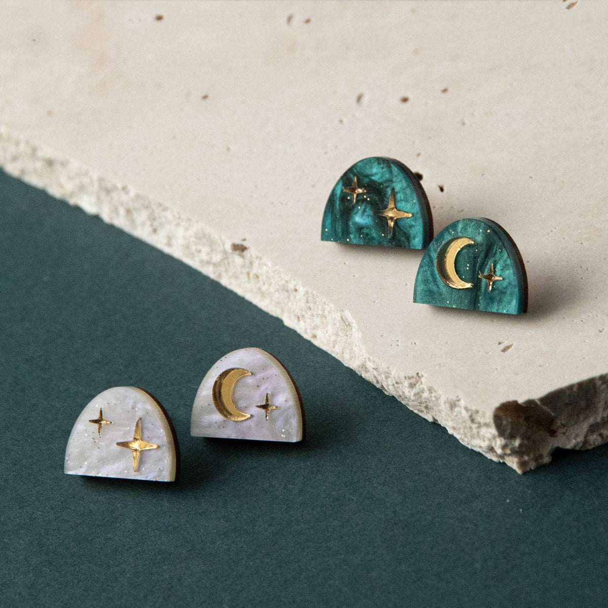 Moon Rising Arc Studs: White Marble by Pepper You