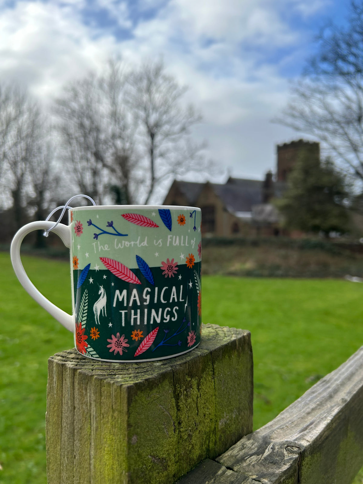 Ceramic Mug With Floral Pattern & Positive Message