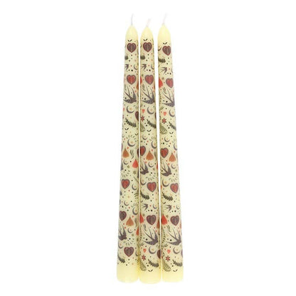 Set of 3 Cream Folk Floral Print Taper Candles