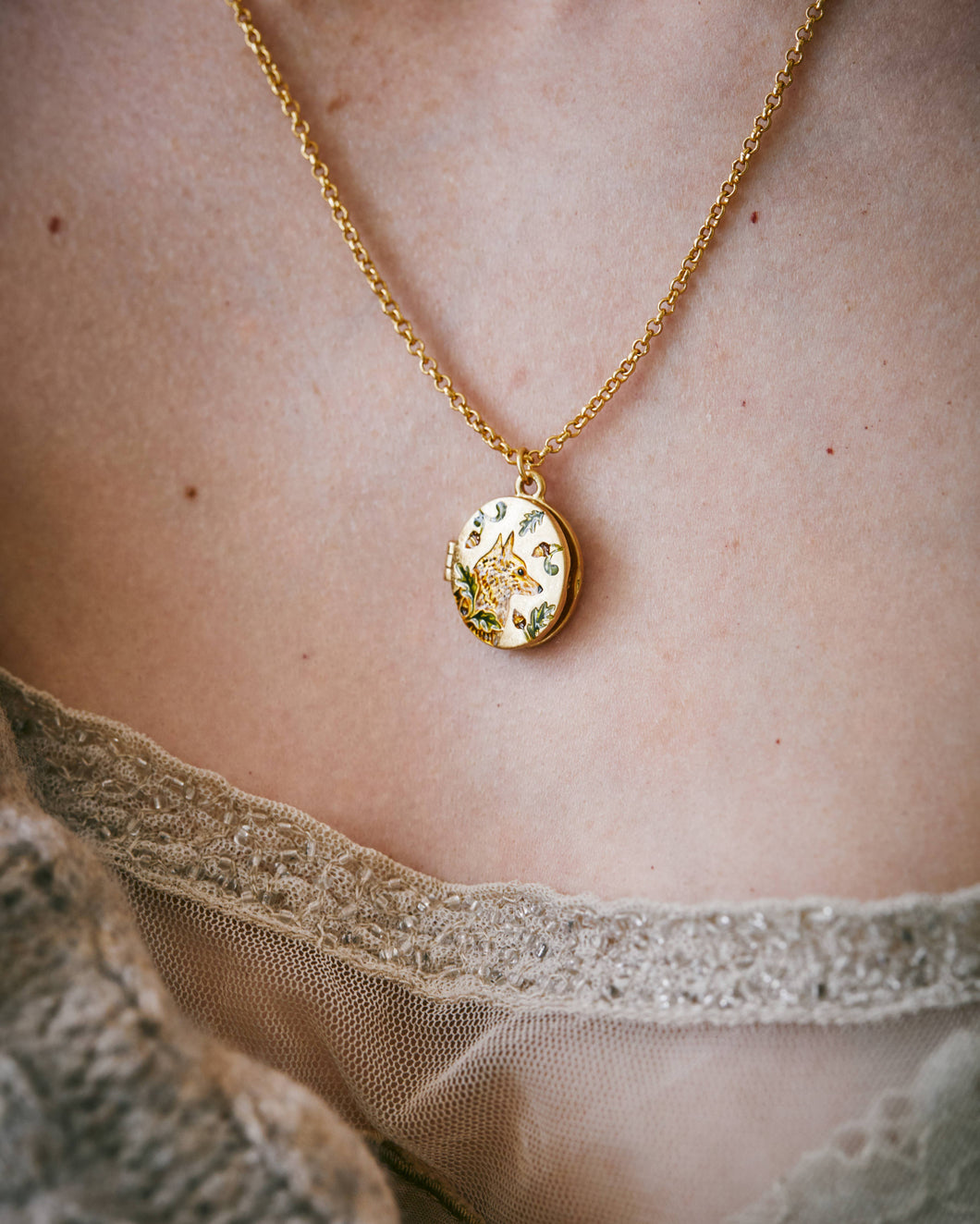 FABLE Fox & Acorn Oval Chain Locket Necklace