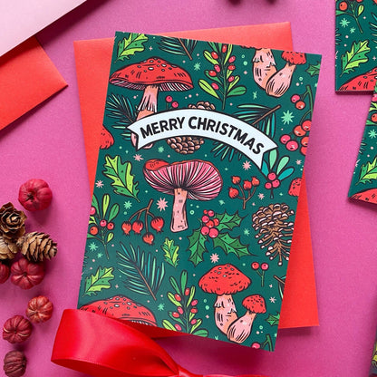 Green Mushroom Christmas Card