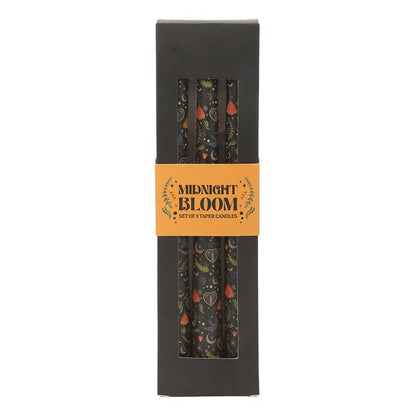 Set of 3 Black Folk Floral Print Taper Candles