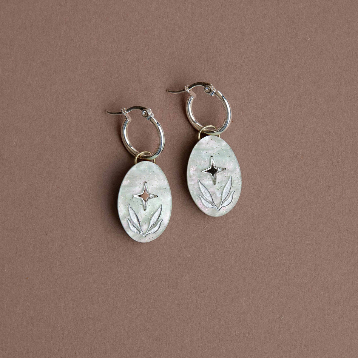 Celestial Seaweed Oval Hoop Earrings : Pearly-lemon-acrylic-with-gold by Pepper You