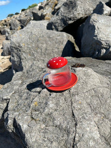 Red Glass Mushroom Mug and Saucer 🍄