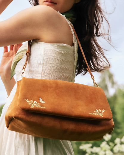 Floral Tan Faux Suede Embroidered Shoulder Bag