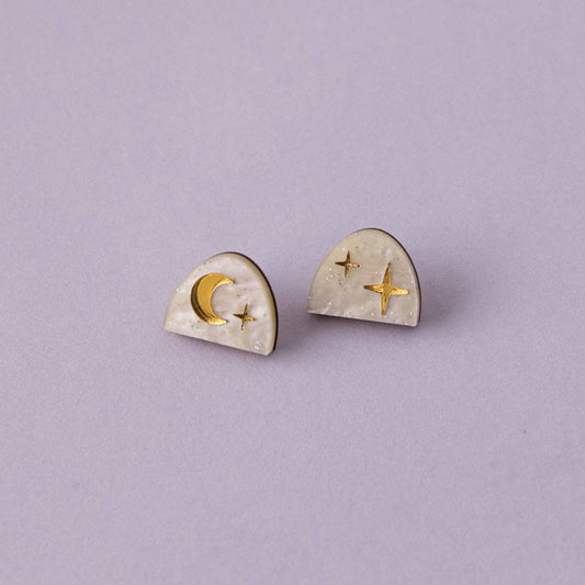 Moon Rising Arc Studs: White Marble by Pepper You