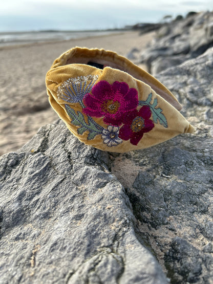 Embroidered Wild Woodland Headband - Mustard