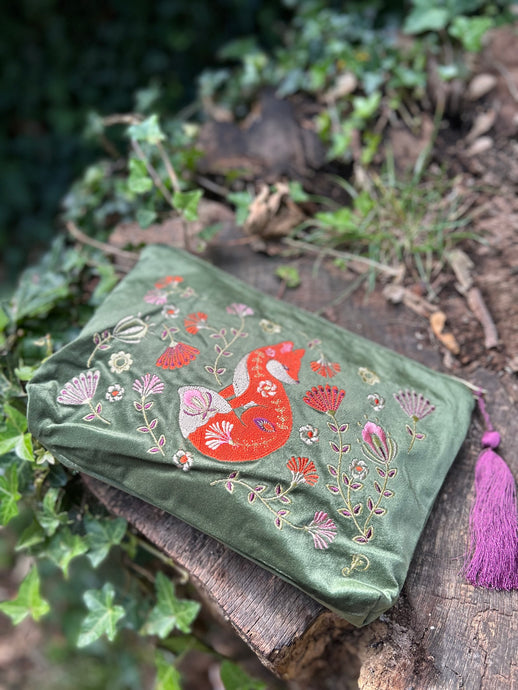 Velvet Embroidered Zip Pouch - Scandinavian Fox 🦊🍄✨