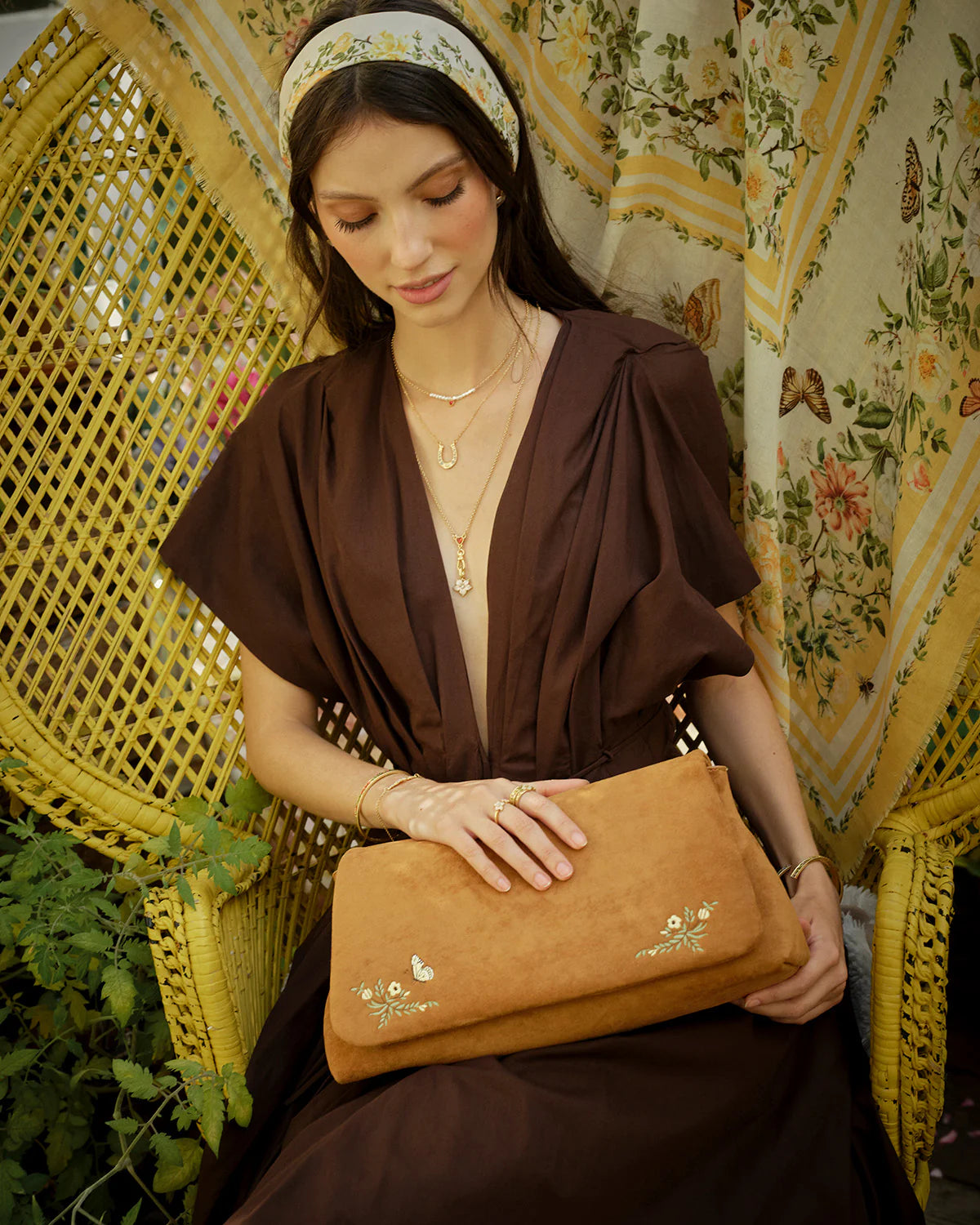 Floral Tan Faux Suede Embroidered Shoulder Bag