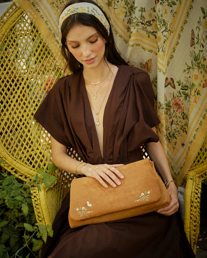 Floral Tan Faux Suede Embroidered Shoulder Bag