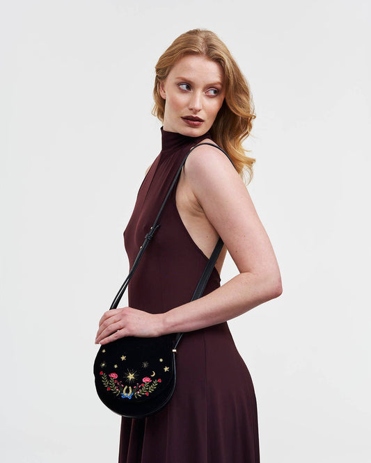 Black Dove & Floral Star Velvet Embroideried Saddle Bag