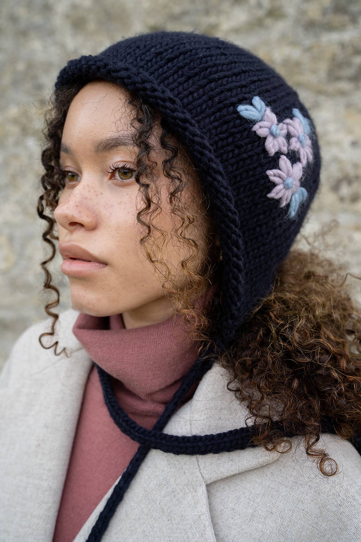 FABLE Forget-Me-Not Knitted Navy Bonnet