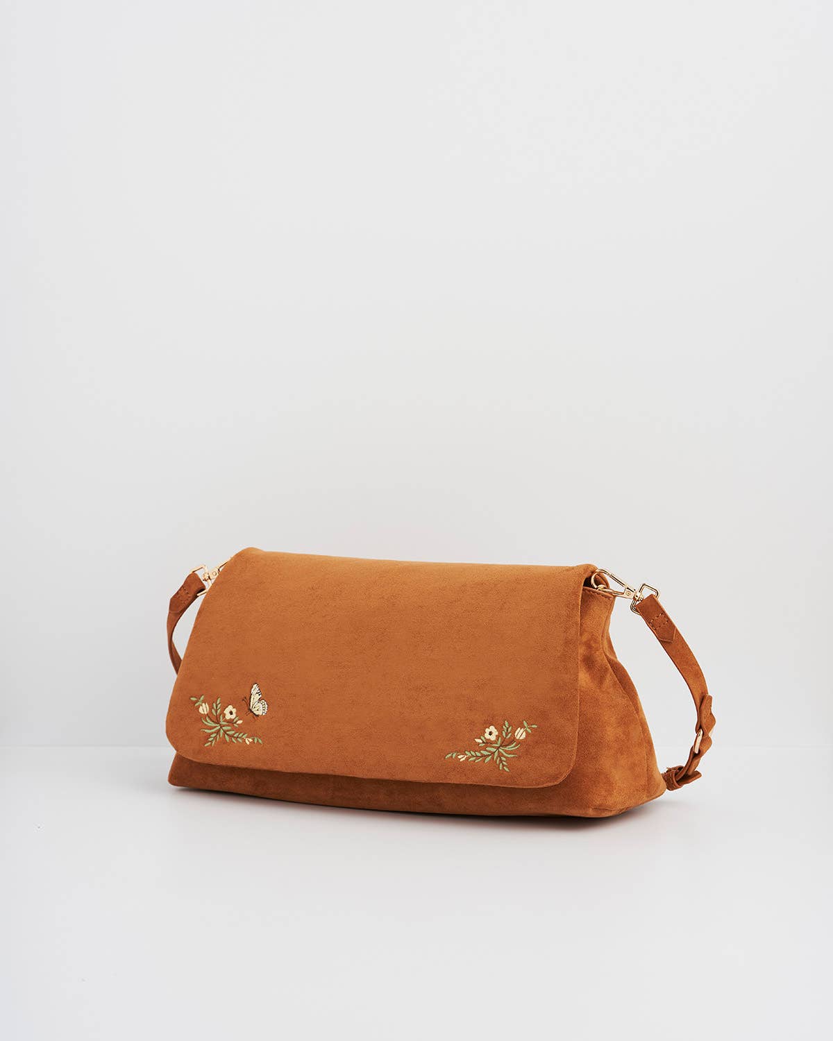 Floral Tan Faux Suede Embroidered Shoulder Bag
