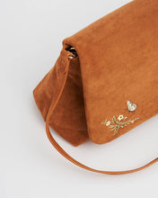 Floral Tan Faux Suede Embroidered Shoulder Bag