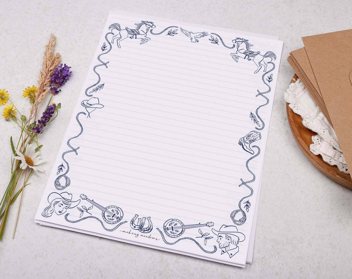 A4 writing paper with a blue cowboy border | Letter Paper: 10 Kraft Envelope / 20 Sheets / Lined Paper