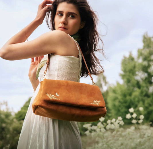 Floral Tan Faux Suede Embroidered Shoulder Bag