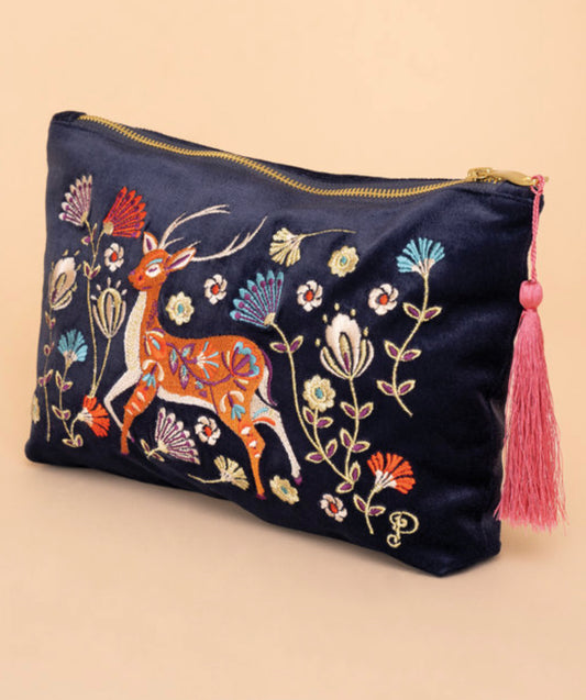 Velvet Embroidered Zip Pouch - Folk Art Deer, Slate