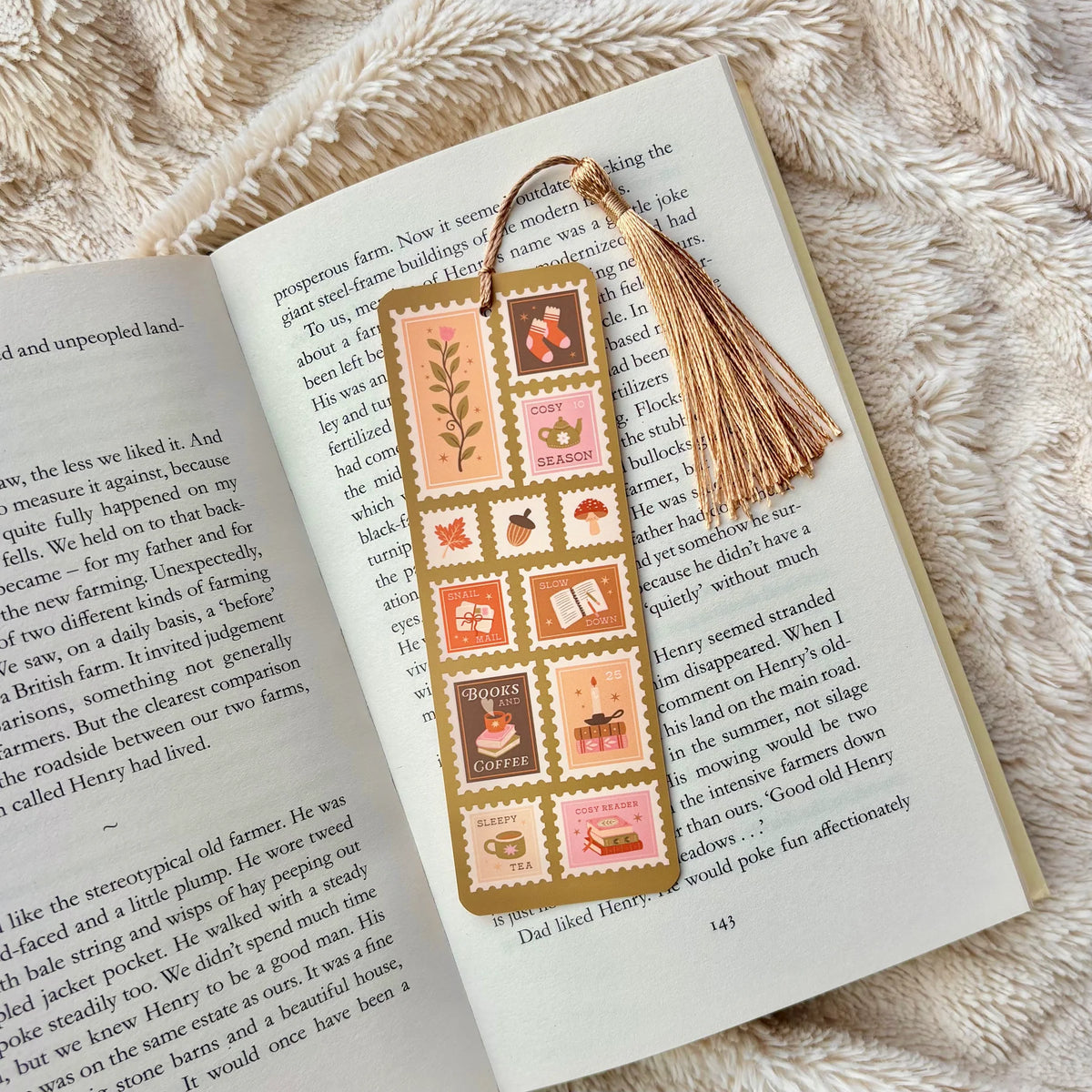 Cosy Autumn Stamp Bookmark with Tassel – Bookish Gift