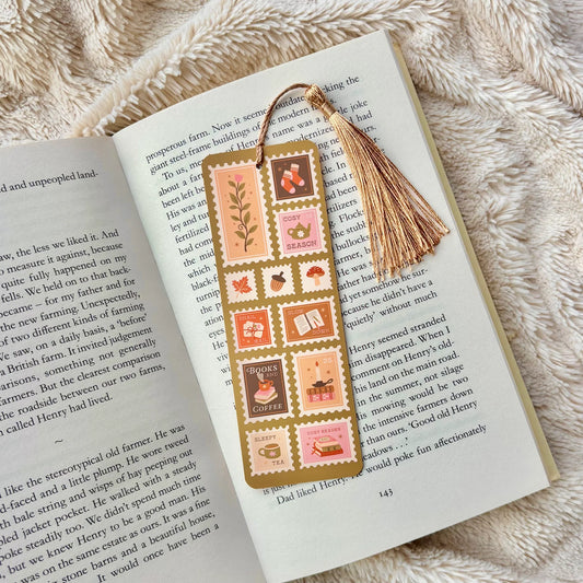 Cosy Autumn Stamp Bookmark with Tassel – Bookish Gift