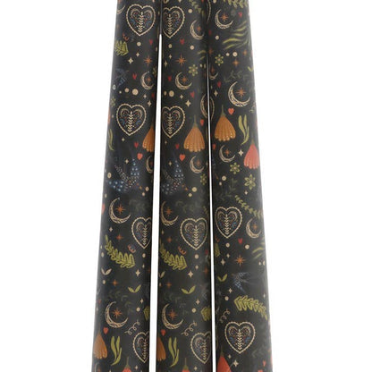 Set of 3 Black Folk Floral Print Taper Candles