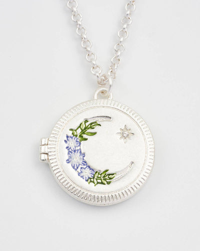 Nightshade Moon Round Silver Locket Chain Necklace