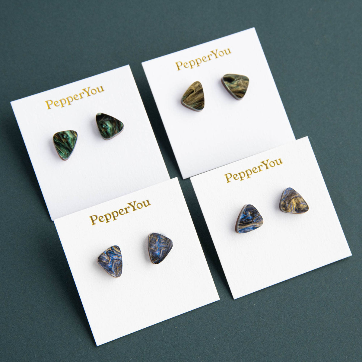 Dreams Stud Earrings: Teal & Gold Marble by Pepper You