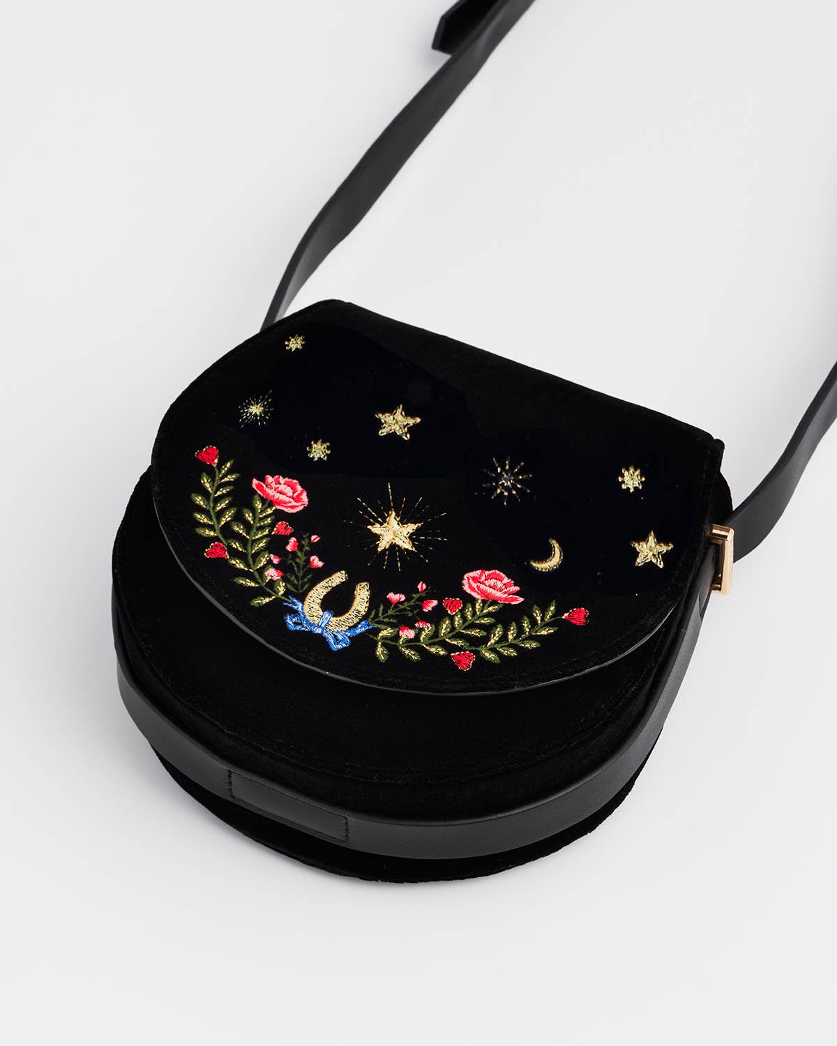 Black Dove & Floral Star Velvet Embroideried Saddle Bag
