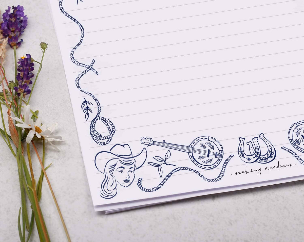 A4 writing paper with a blue cowboy border | Letter Paper: 10 Kraft Envelope / 20 Sheets / Lined Paper