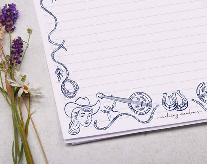 A4 writing paper with a blue cowboy border | Letter Paper: 10 Kraft Envelope / 20 Sheets / Lined Paper