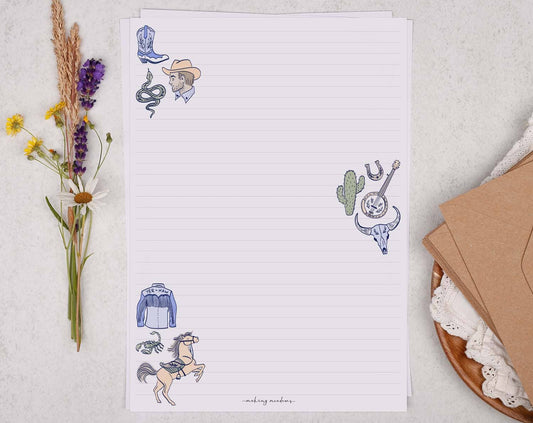 A4 writing paper with a cowboy rodeo | Letter Paper: 10 Kraft Envelope / 20 Sheets / Lined Paper
