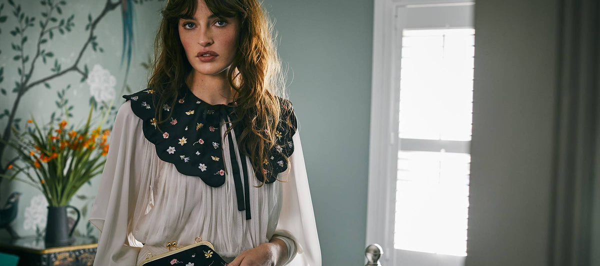 FABLE Floral Ditsy Black Satin Embroidered Collar