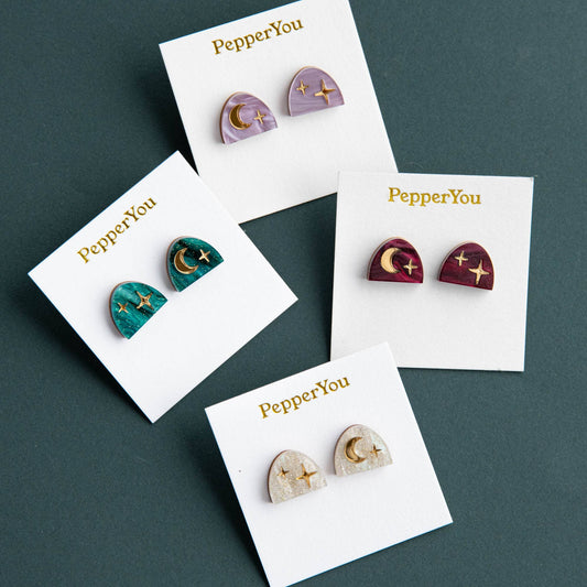 Moon Rising Arc Studs: Merlot Red Marble by Pepper You