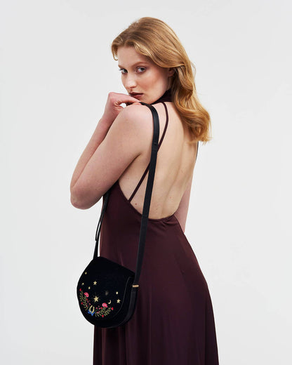 Black Dove & Floral Star Velvet Embroideried Saddle Bag