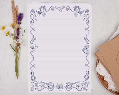 A4 writing paper with a blue cowboy border | Letter Paper: 10 Kraft Envelope / 20 Sheets / Lined Paper