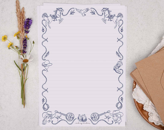 A4 writing paper with a blue cowboy border | Letter Paper: 10 Kraft Envelope / 20 Sheets / Lined Paper
