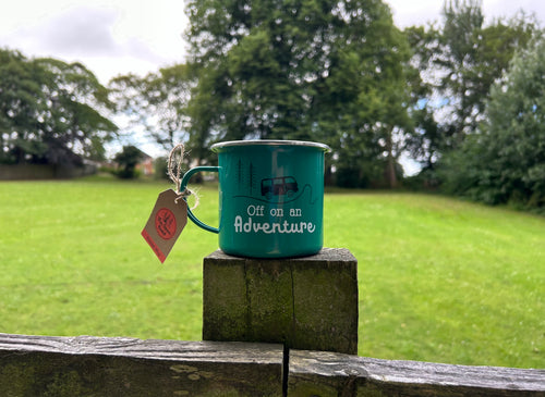 OFF ON AN ADVENTURE GREEN ENAMEL STYLE MUG