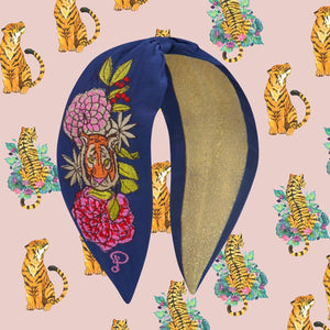 Satin Embroidered Headband - Floral Tiger Face in Indigo