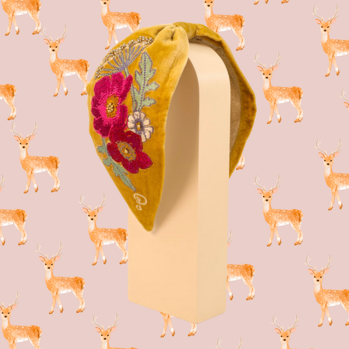 Embroidered Wild Woodland Headband - Mustard