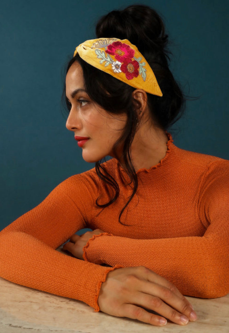Embroidered Wild Woodland Headband - Mustard
